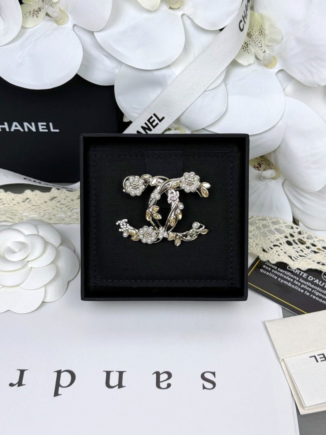 Floral Emblem Brooch with Stone Accents