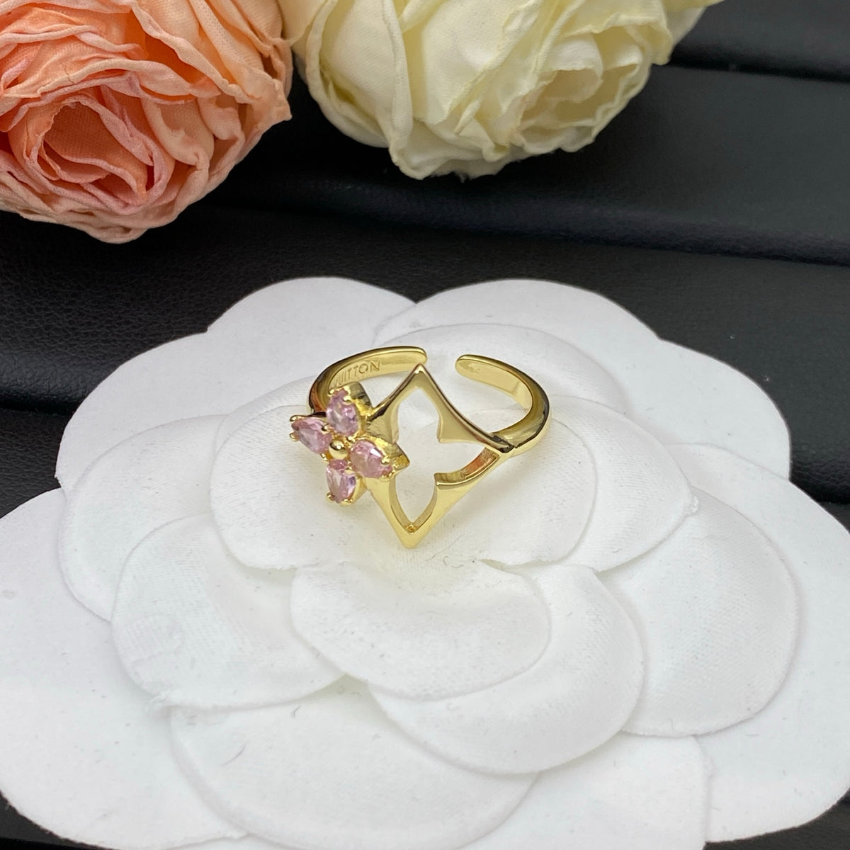 Open Floral Motif Ring with Butterfly Accent