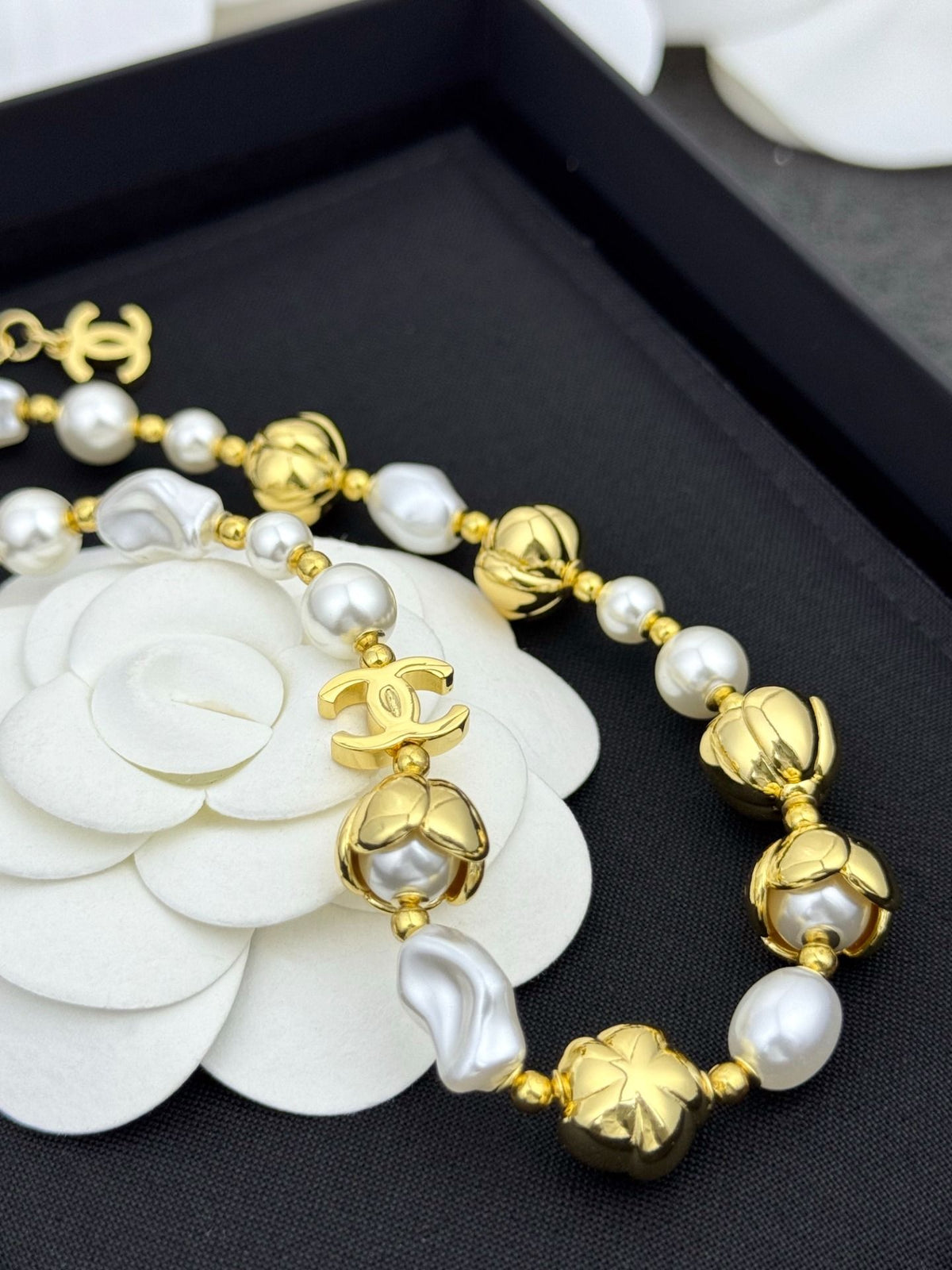 Gold Tone Floral & Baroque Pearl Necklace