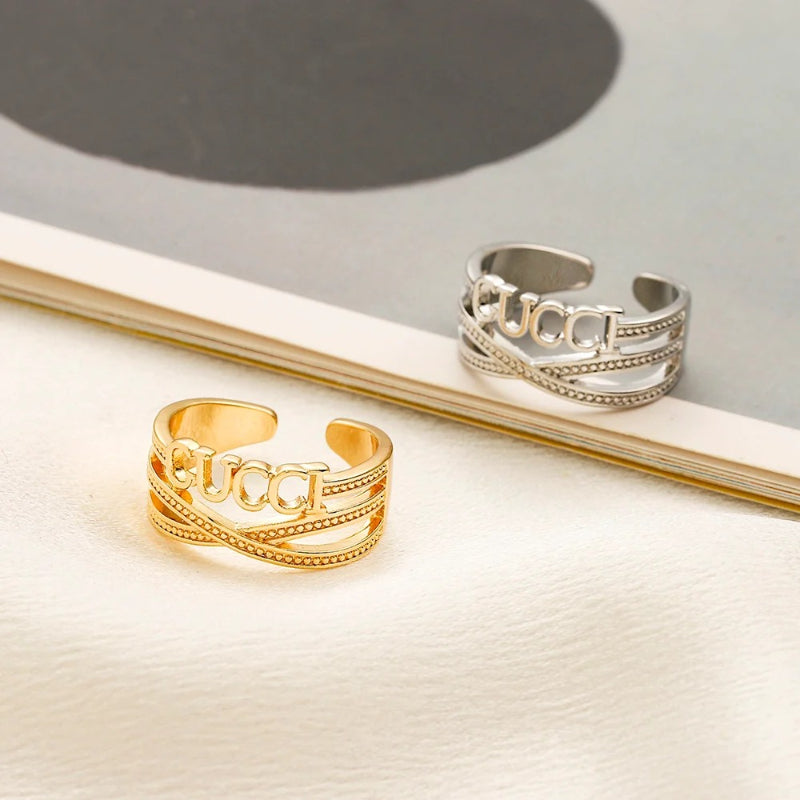 Open Lettering Ring with Stone-Set Chain Detail