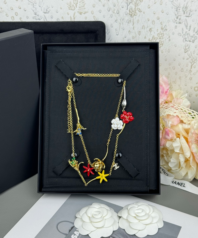 Gold Tone Long Sweater Necklace, Multicolor Enamel Floral Multi-Charm Design