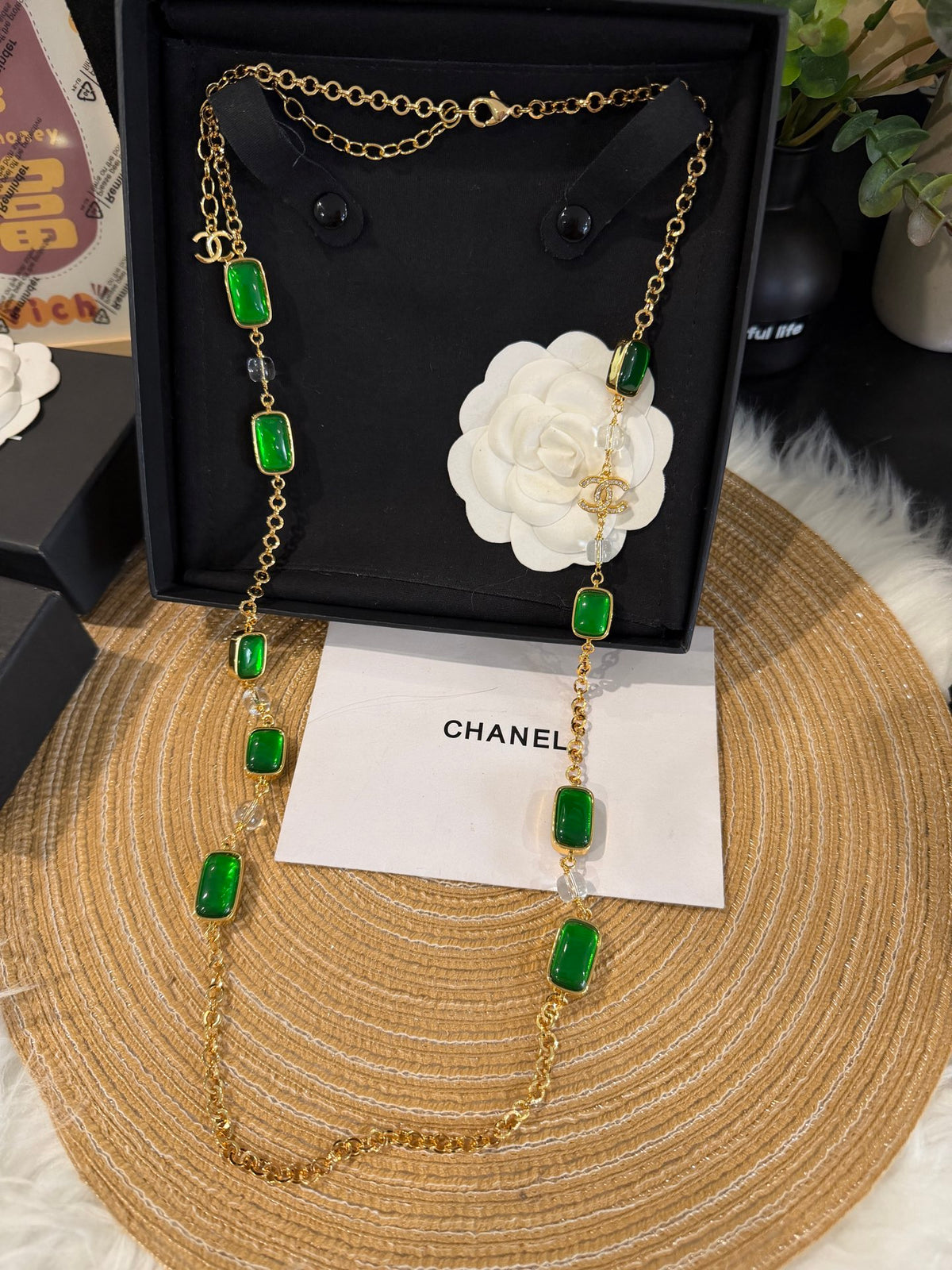 Vintage Gold Tone Emerald Square Glass Sweater Necklace, Square Candy Beads