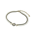 Gold Tone Double Layer Faux Pearl Choker, Round Resin & Leather Detail