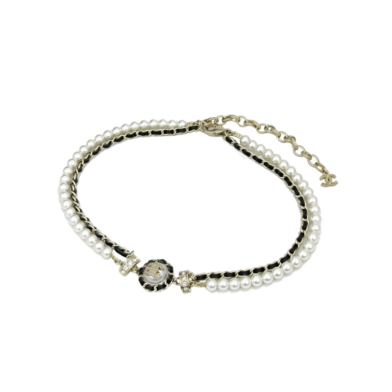 Gold Tone Double Layer Faux Pearl Choker, Round Resin & Leather Detail