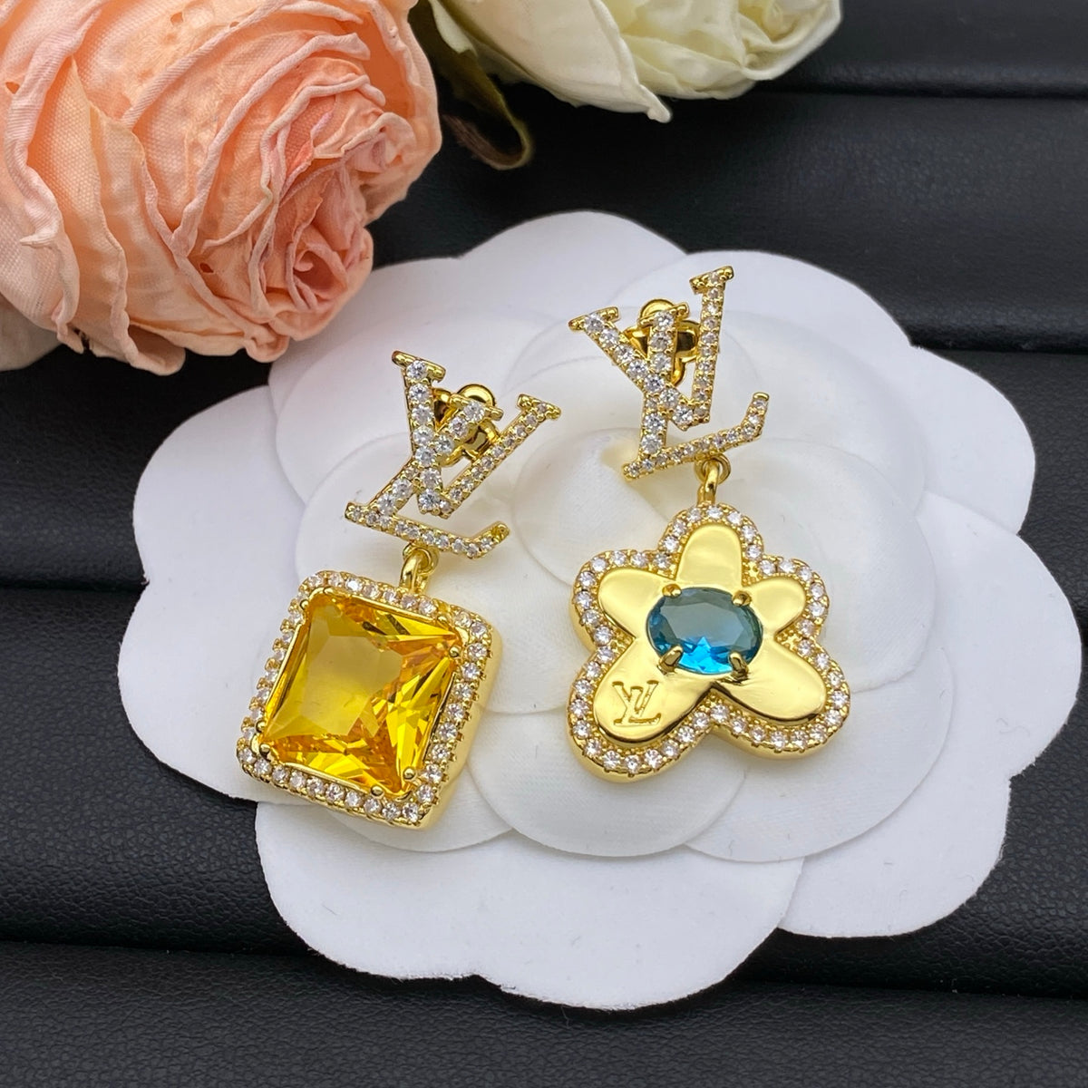 Asymmetric Square & Flower Stone Drop Earrings