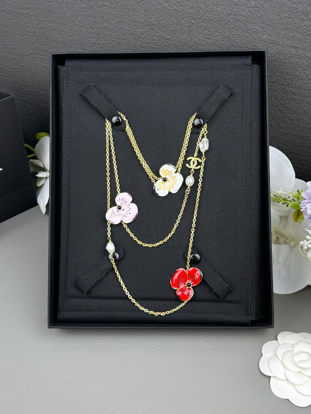 Layered Floral Necklace with Pearl-Look Tassels