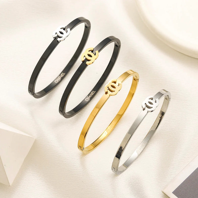 304 Stainless Steel Slim Interlocking-C Bangle Bracelet - Style Options
