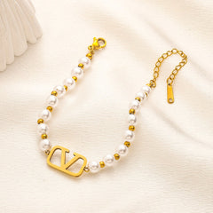 304 Stainless Steel Pearl-Effect Beaded V-Motif Bracelet