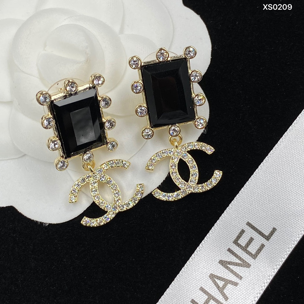 Black Rectangle & Interlocking-C Drop Earrings