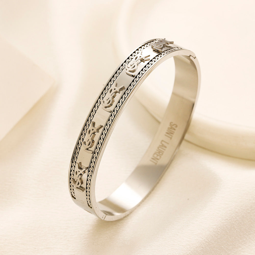 304 Stainless Steel Engraved Pave-Edge Bangle Bracelet