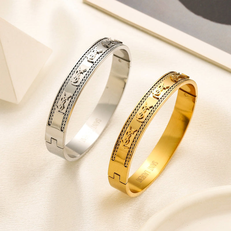 304 Stainless Steel Engraved Pave-Edge Bangle Bracelet