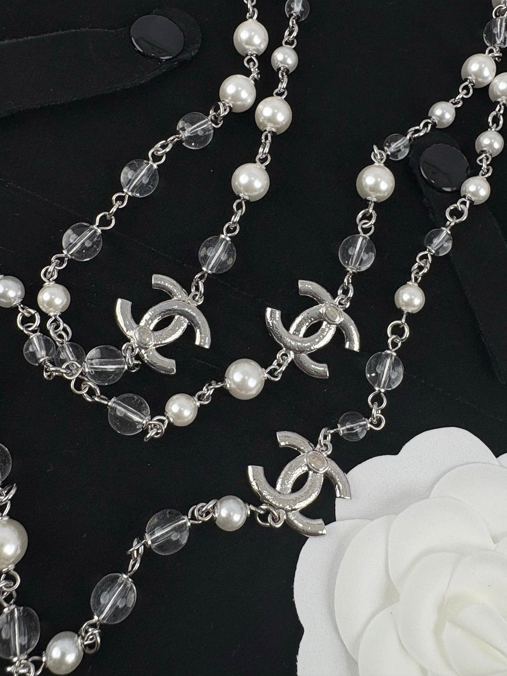 Silver Tone Faux Pearl Sweater Necklace, White Enamel, Sequins & Clear Beads