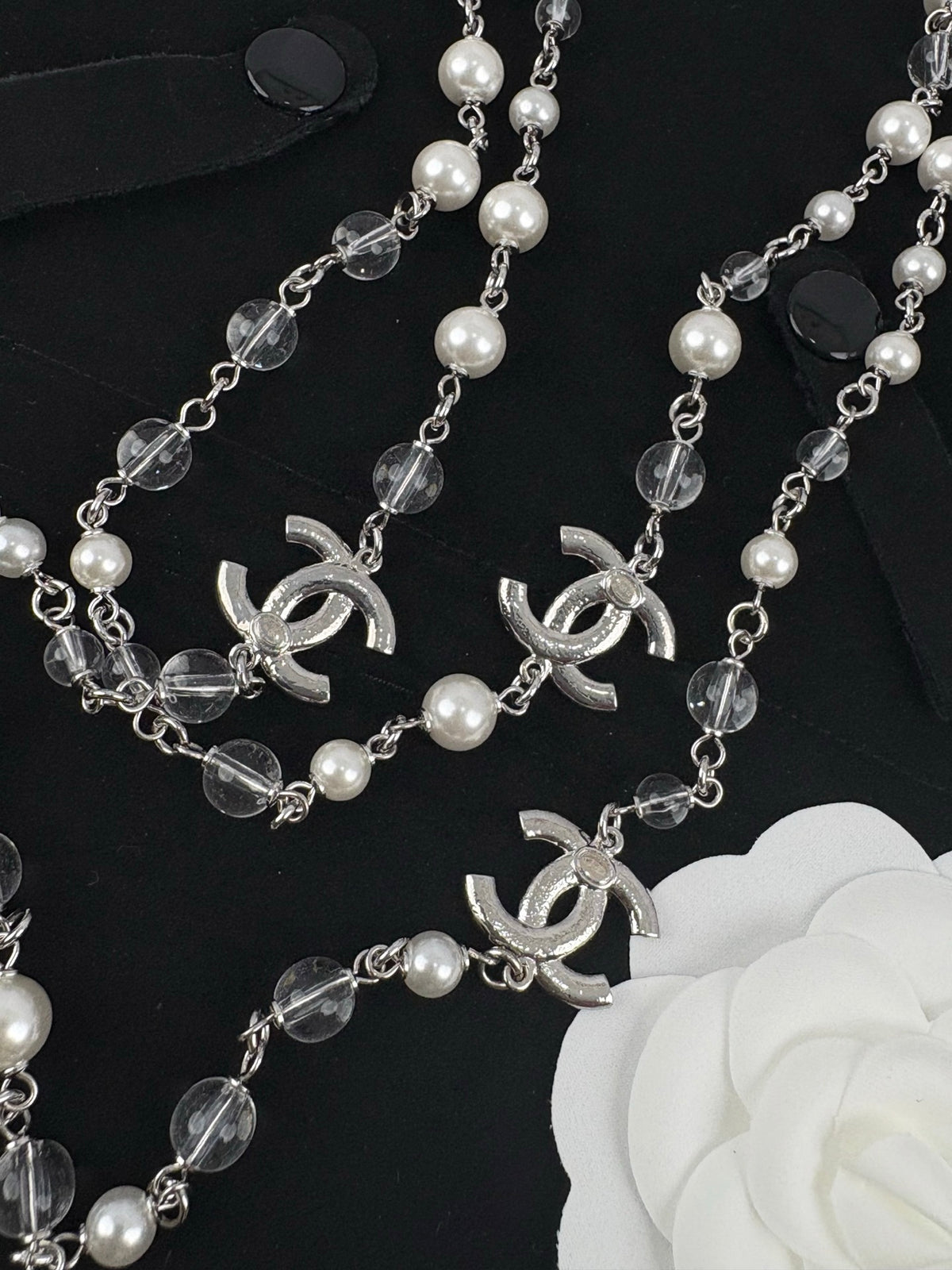 Silver Tone Faux Pearl Sweater Necklace, White Enamel, Sequins & Clear Beads