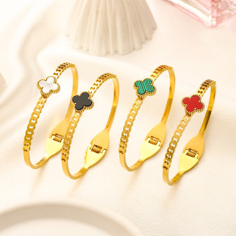304 Stainless Steel Colorful Quatrefoil Open Cuff Bracelet