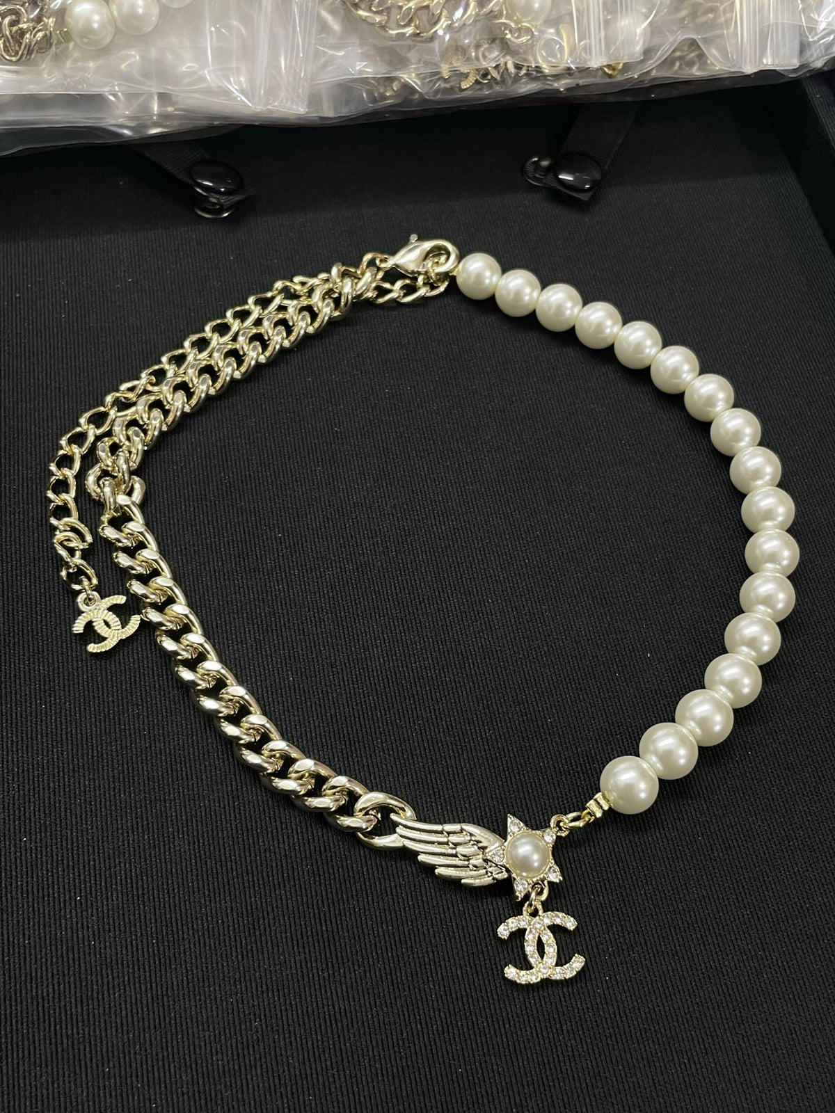 Half-Pearl-Look Half-Chain Monogram Necklace