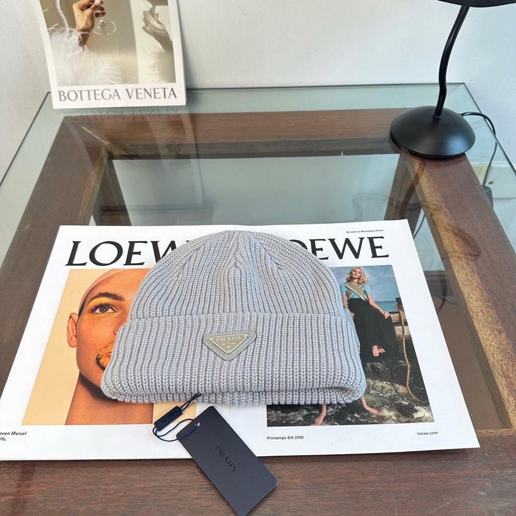 Ribbed Knit Beanie with Triangle Emblem