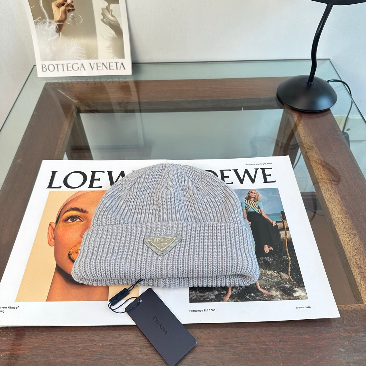 Ribbed Knit Beanie with Triangle Emblem