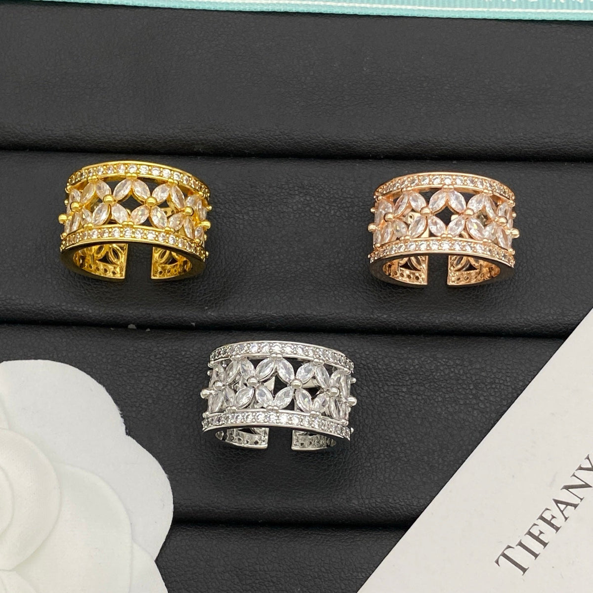 Wide Openwork Floral Band Ring with Stone Accents