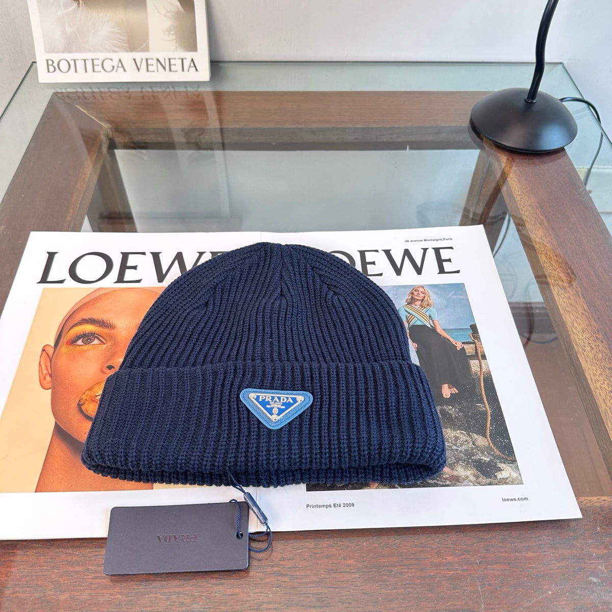 Ribbed Knit Beanie with Triangle Emblem