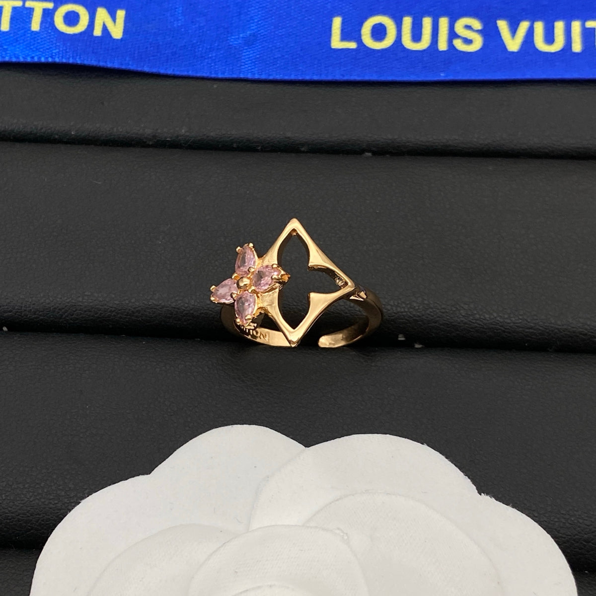 Open Floral Motif Ring with Butterfly Accent