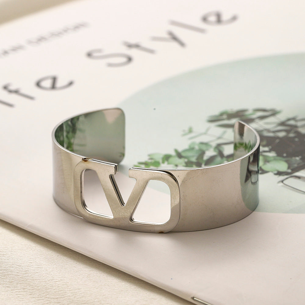 304 Stainless Steel V-Motif Wide Cuff Bracelet