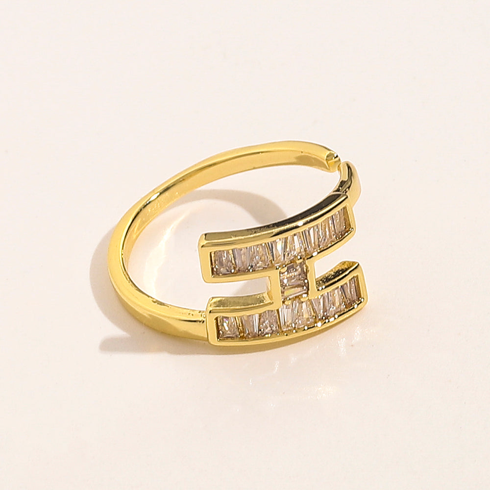Open H-Motif Ring with Rectangular Stone Accents