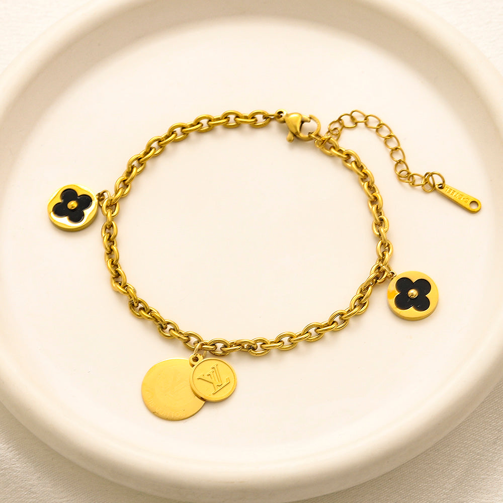 Bracelet à breloques fleur noire et disque en acier inoxydable 304