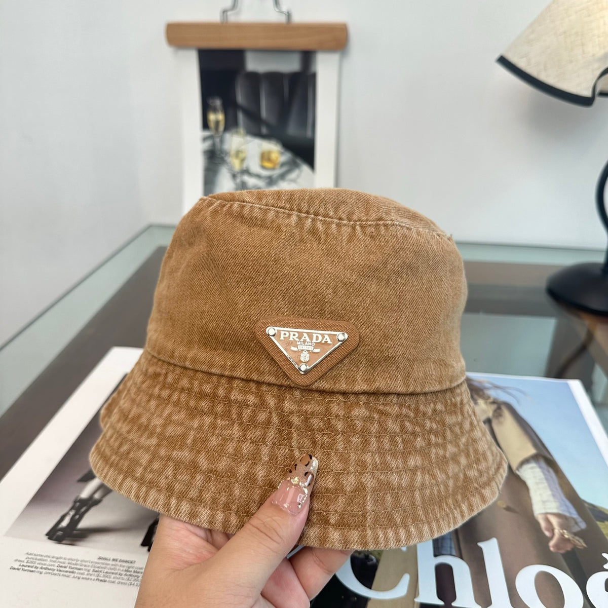 Denim Bucket Hat with Triangle Emblem