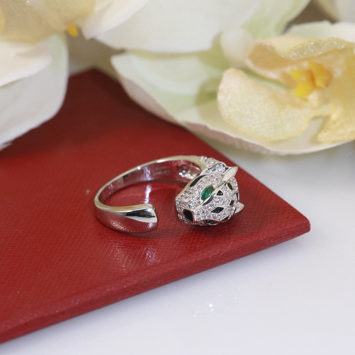 Silver-Tone Panther Head Open Ring with Dark Spots