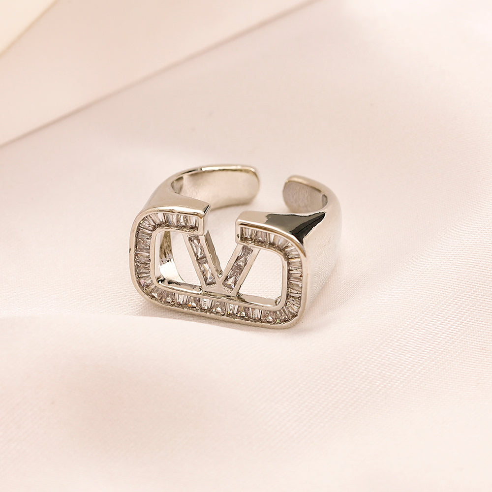 Open V-Motif Ring with Stone Accents