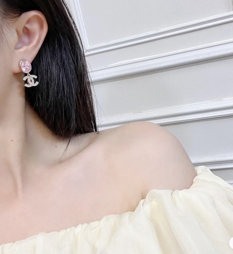 Pink Oval & Pave Interlocking-C Drop Earrings