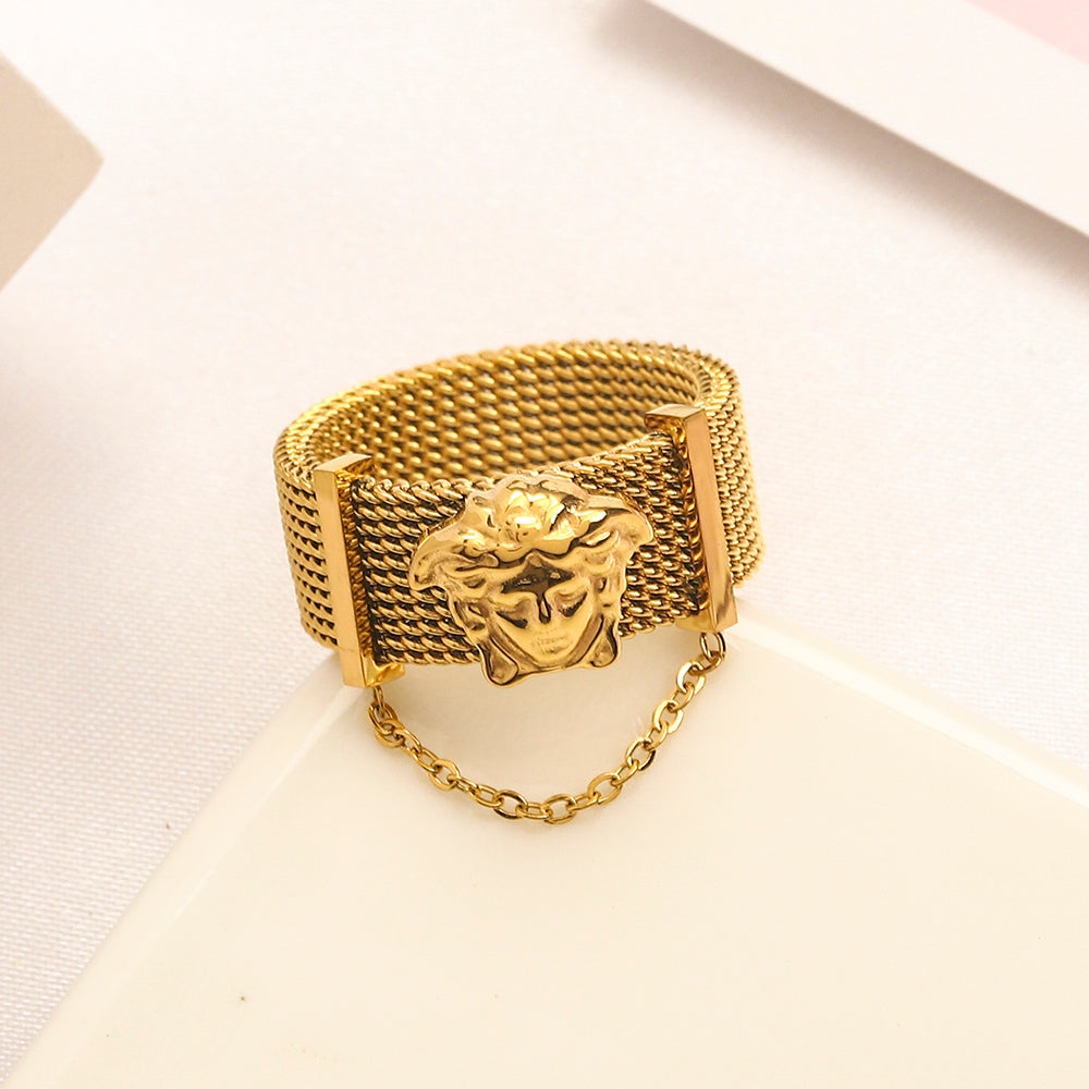 Mesh Band Medallion Ring with Chain Detail