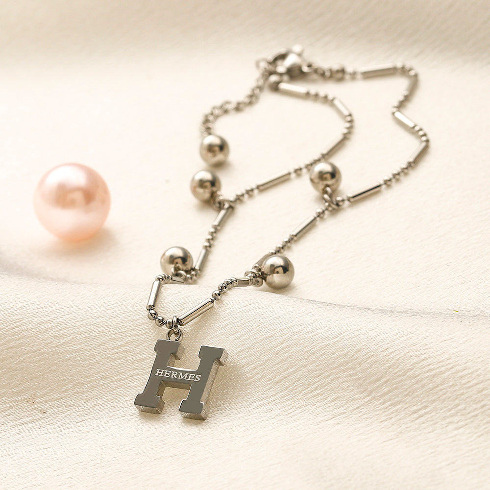 304 Stainless Steel H-Charm Anklet with Round Stations