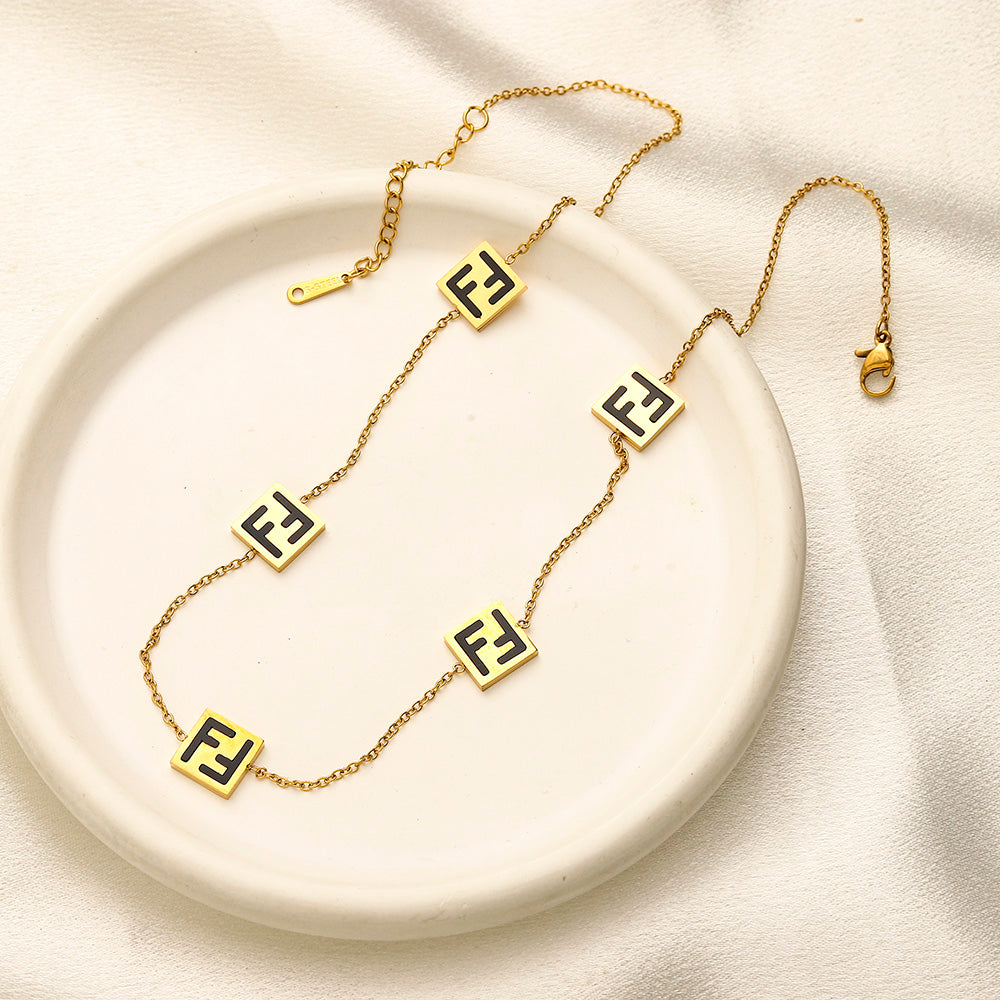 304 Stainless Steel Geometric F-Motif Station Necklace