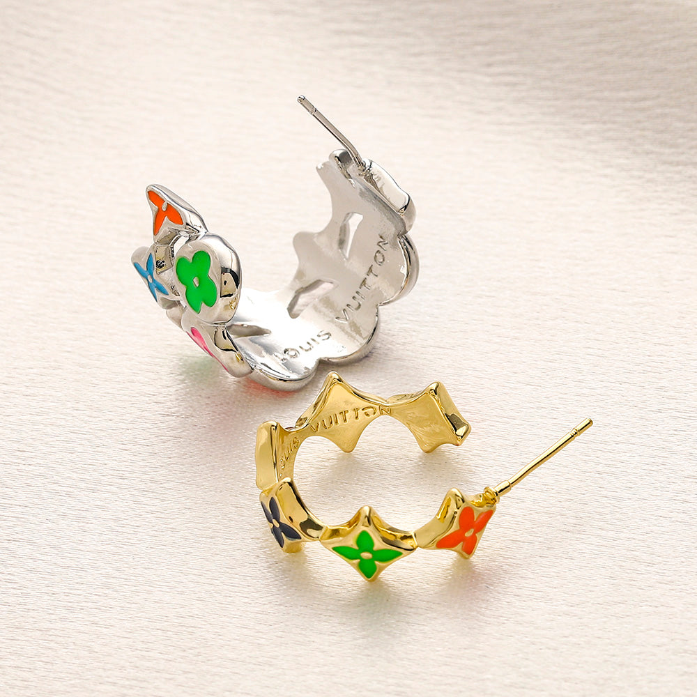 304 Stainless Steel Colorful Flower & Star Hoop Earrings