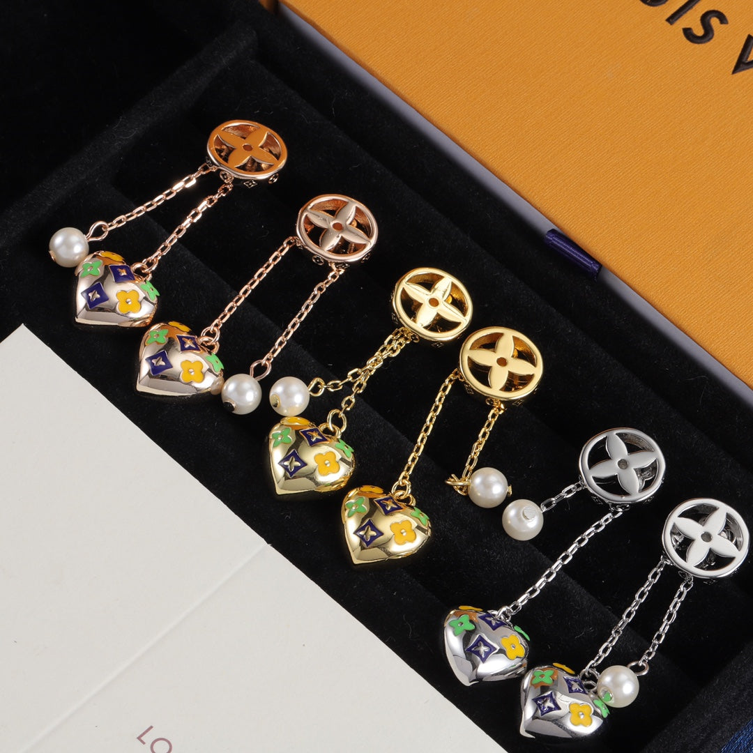 Heart & Pearl-Effect Double Chain Earrings