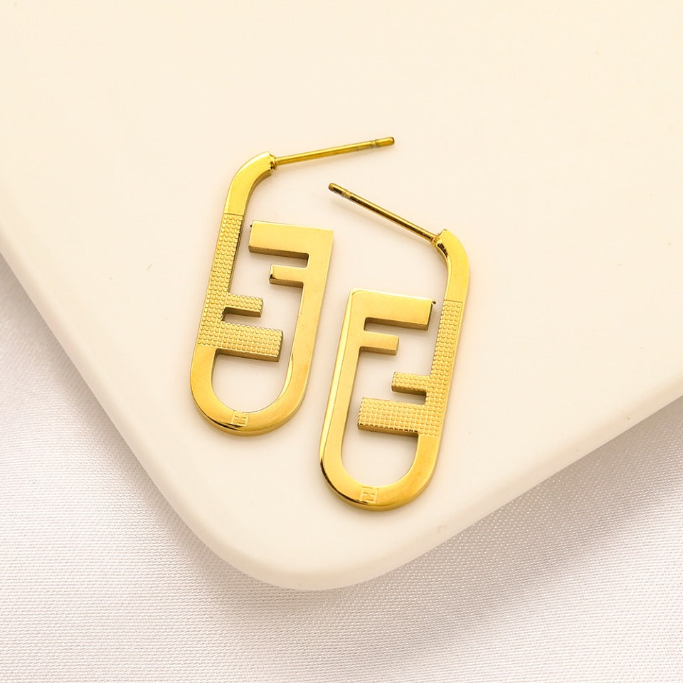 304 Stainless Steel F-Motif Oval Hoop Earrings