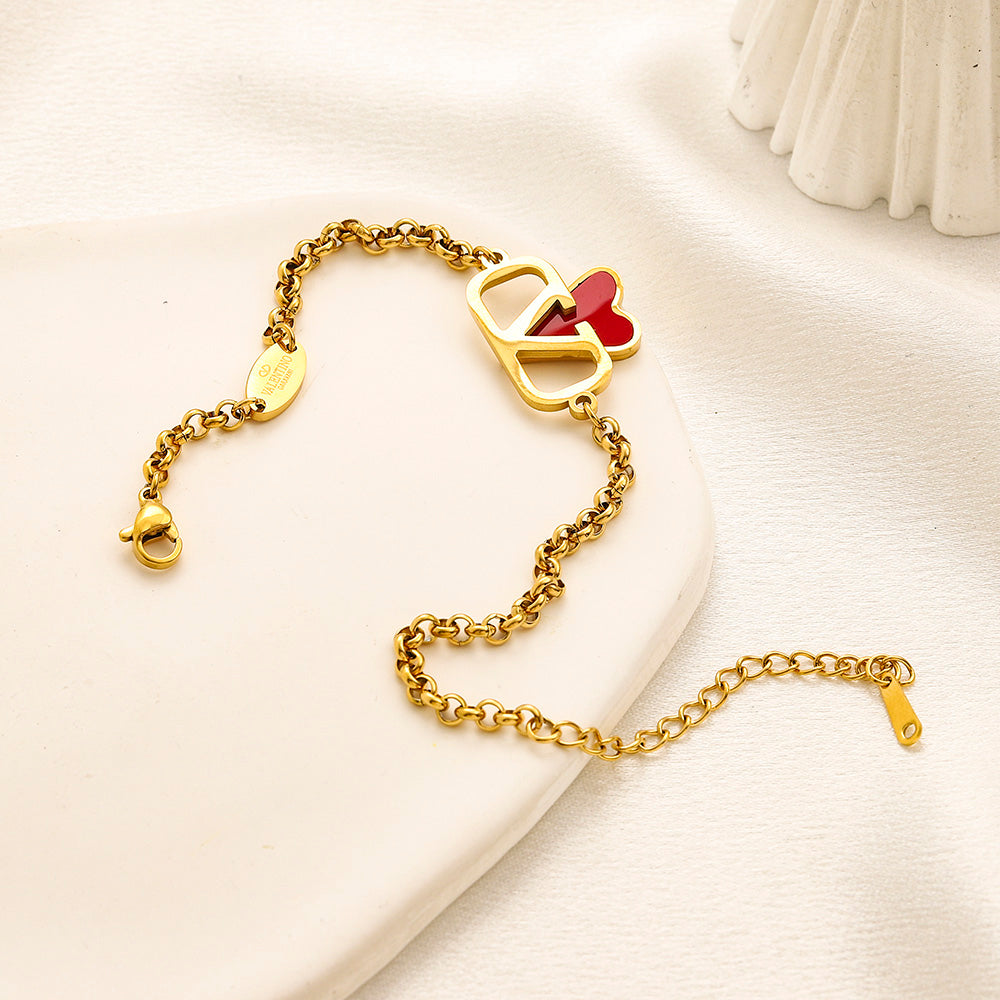 304 Stainless Steel Red Heart & V-Motif Chain Bracelet