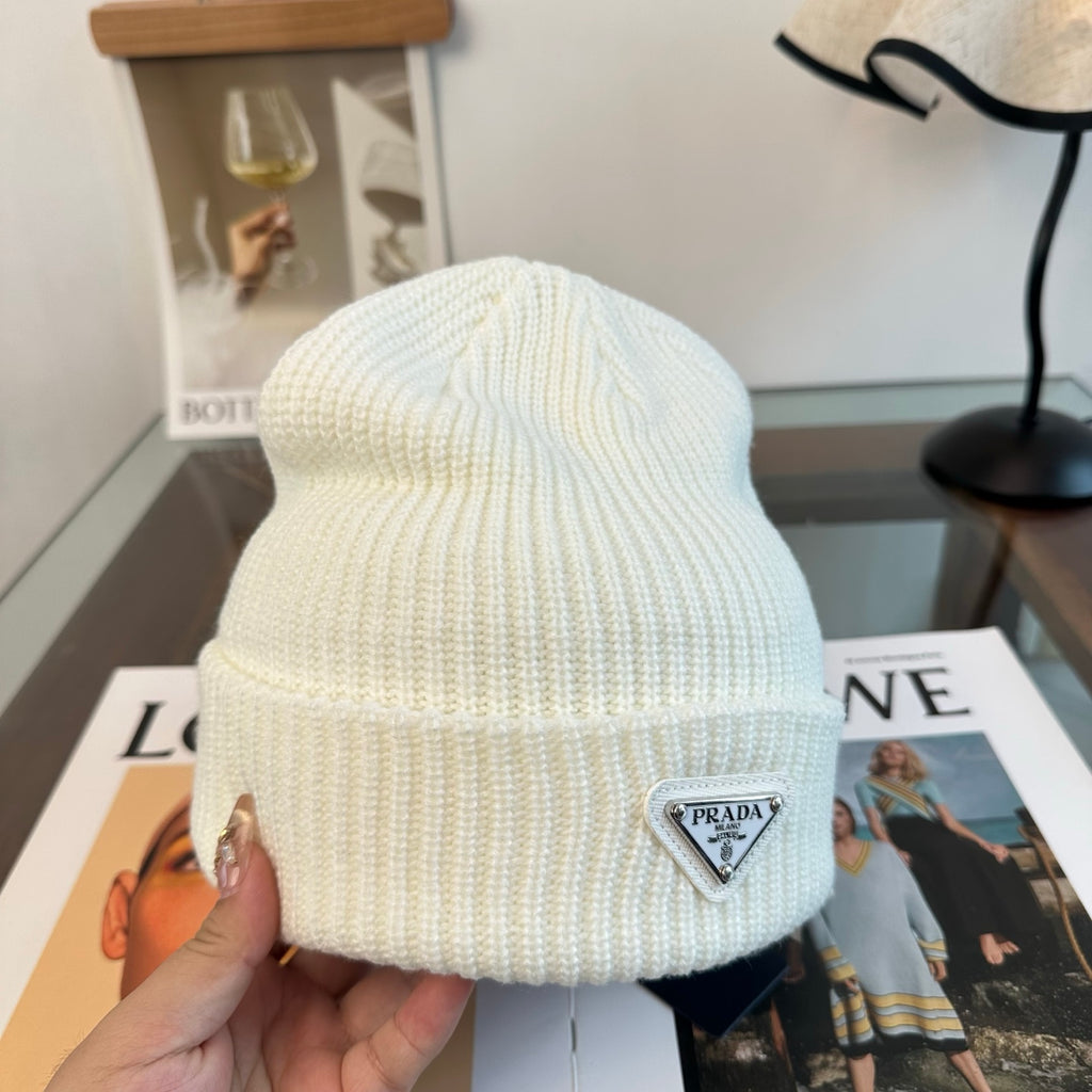 Ribbed Knit Beanie with Triangle Emblem