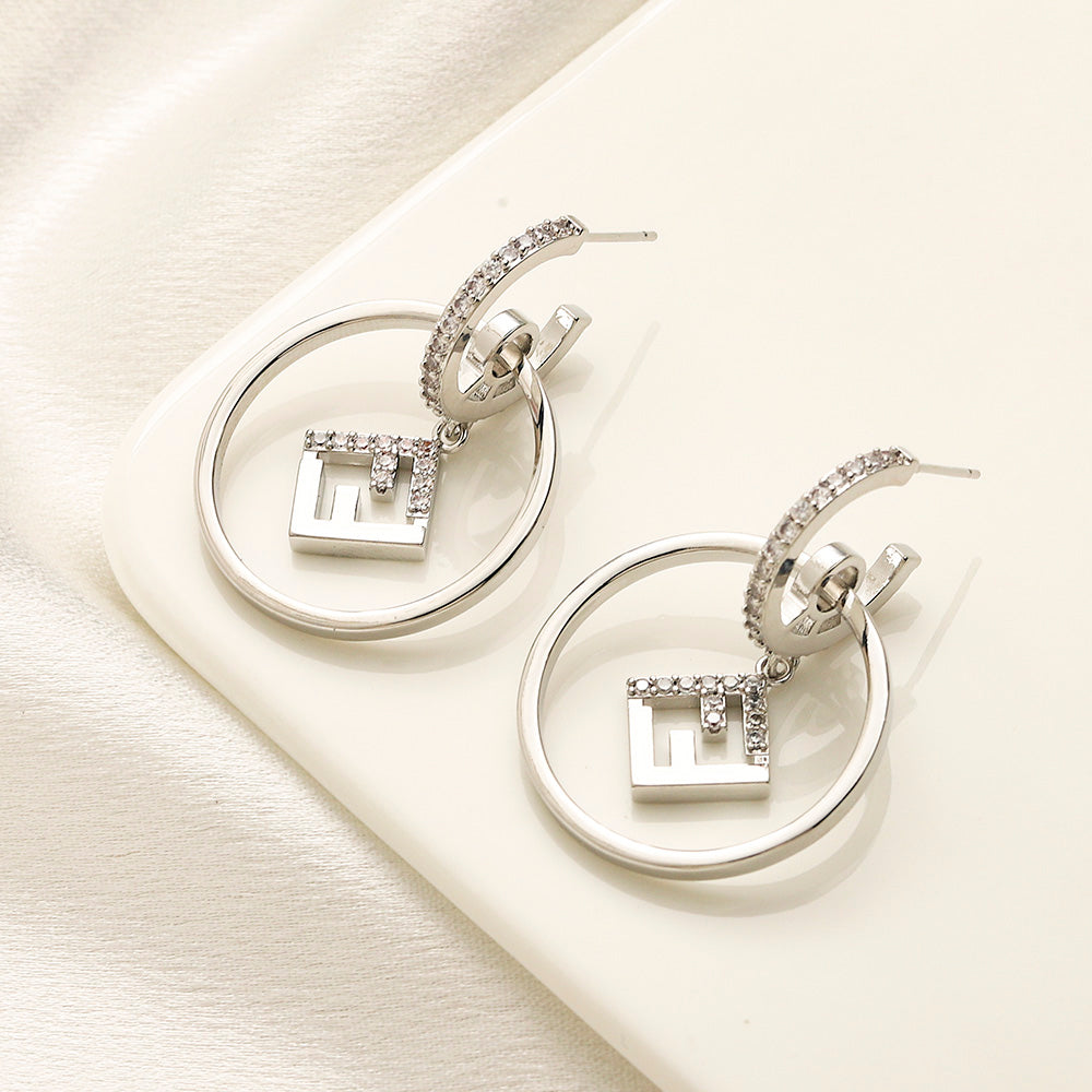 304 Stainless Steel Round Frame F-Charm Hoop Earrings