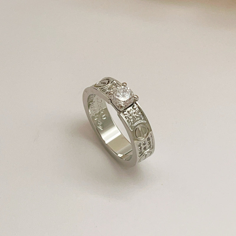 Silver-Tone Pave Screw-Detail Ring with Raised Stone