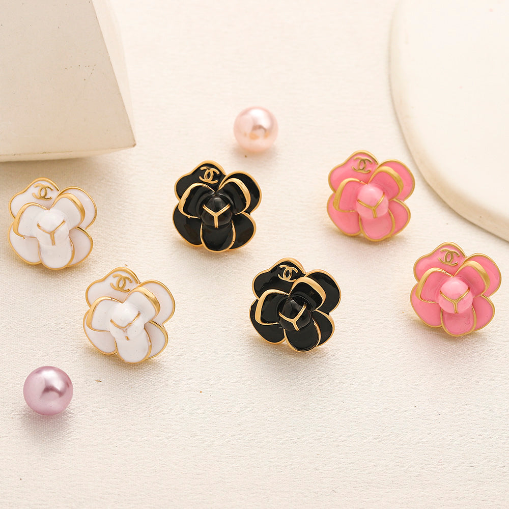 Pendientes de botón de aleación con forma de flor de camelia colorida
