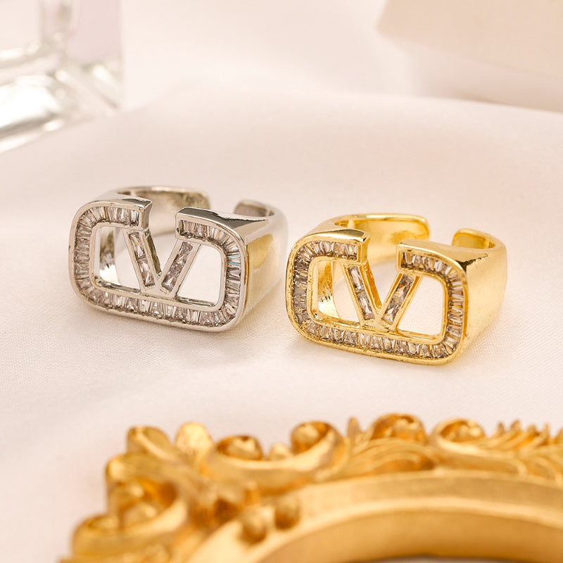 Open V-Motif Ring with Stone Accents