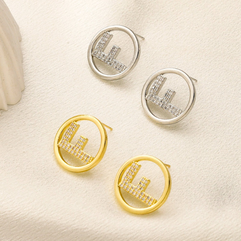 304 Stainless Steel Pave Round F-Motif Stud Earrings