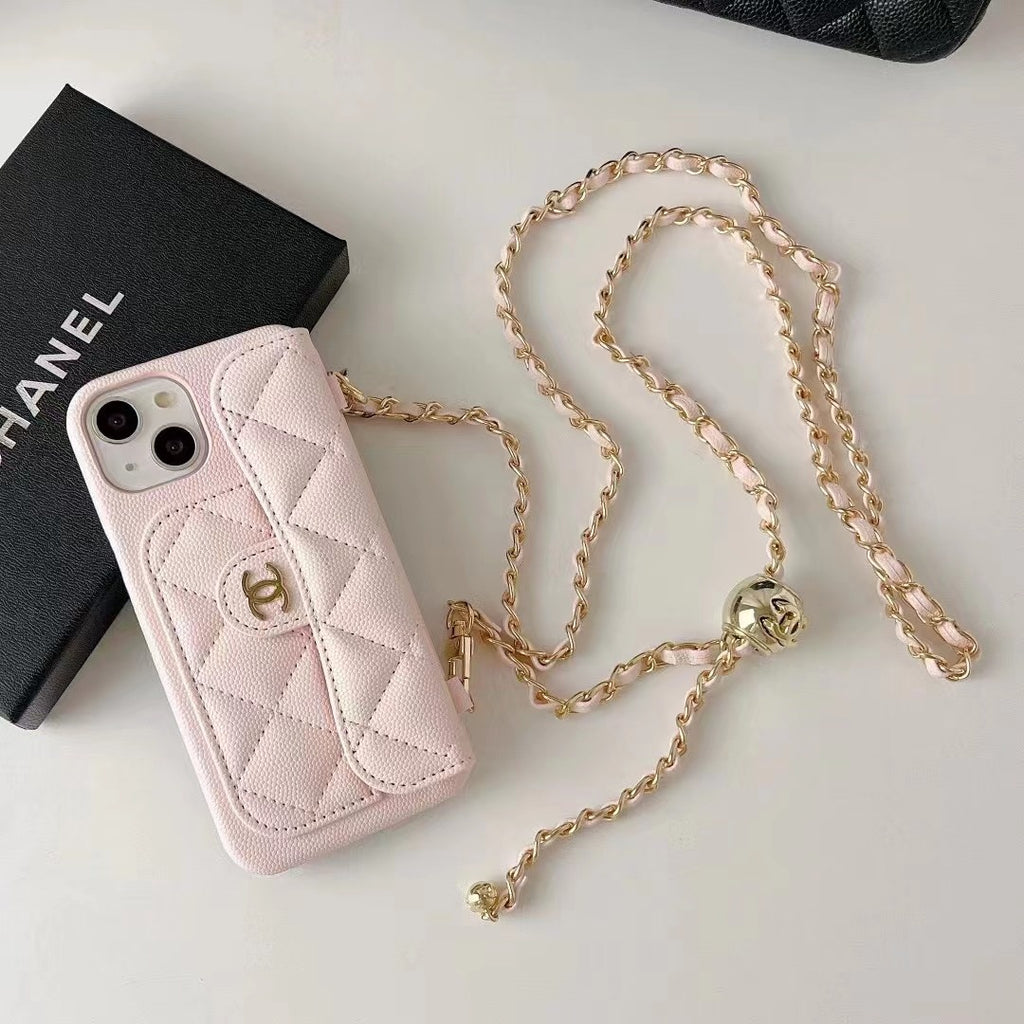 Funda acolchada para teléfono con correa de cadena de cuentas