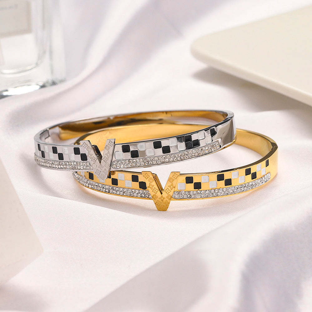 304 Stainless Steel Checkerboard V-Motif Pave Bangle Bracelet