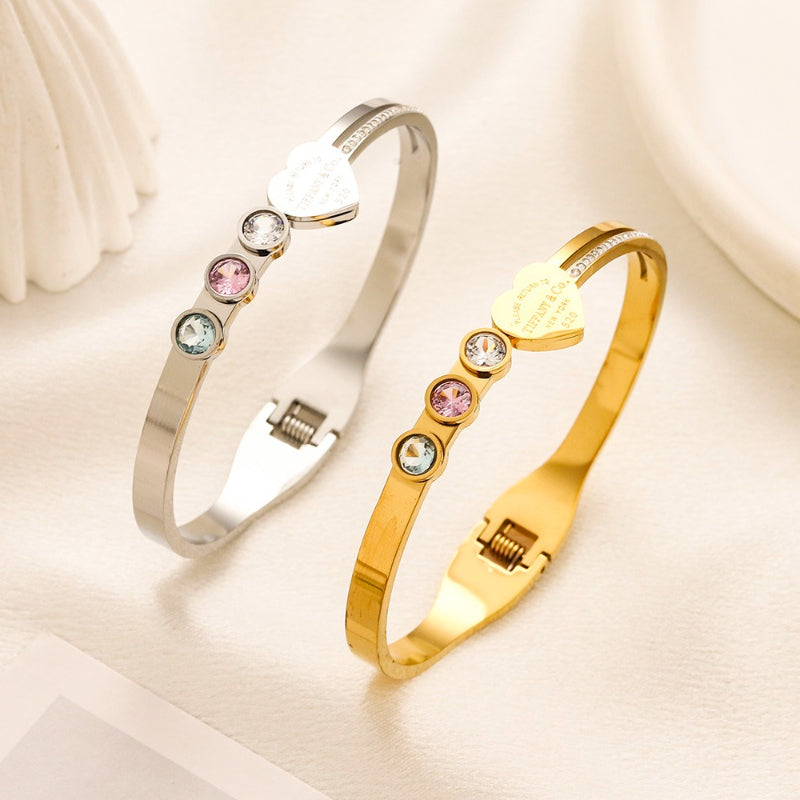 304 Stainless Steel Pastel Stone & Heart Bangle Bracelet