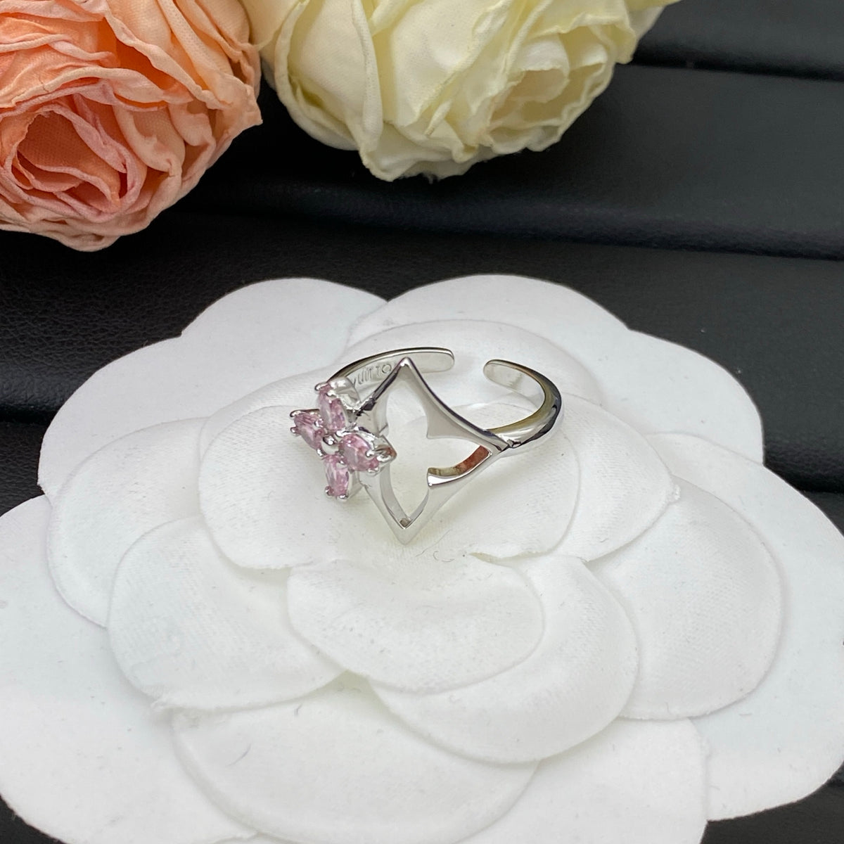 Open Floral Motif Ring with Butterfly Accent