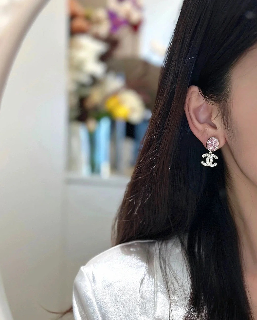 Pink Oval & Pave Interlocking-C Drop Earrings
