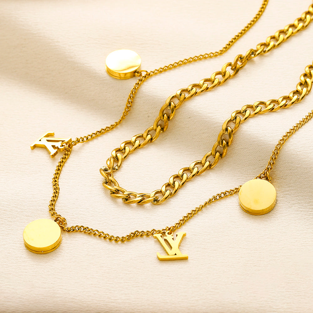 304 Stainless Steel Layered Monogram Charm Bracelet & Necklace - Individual or Set